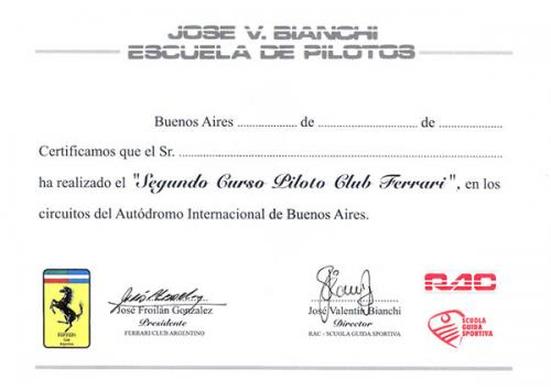 DIPLOMA CURSO PILOTO FERRARI